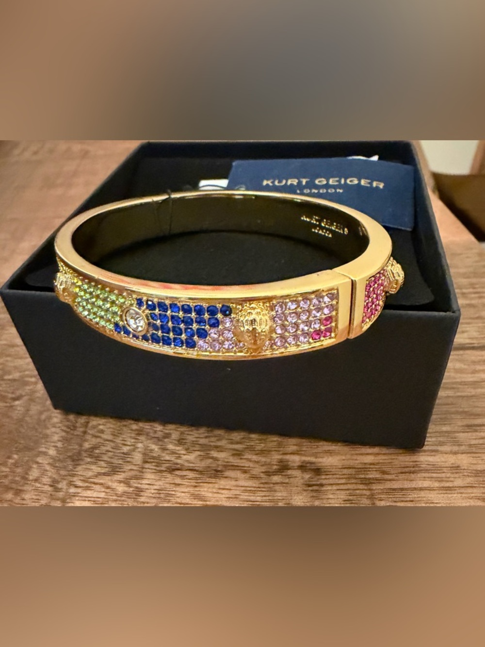 Kurt Geiger Gold-tone Signature Rainbow Crystal Pavé Bangle NWT - Picture 7 of 7